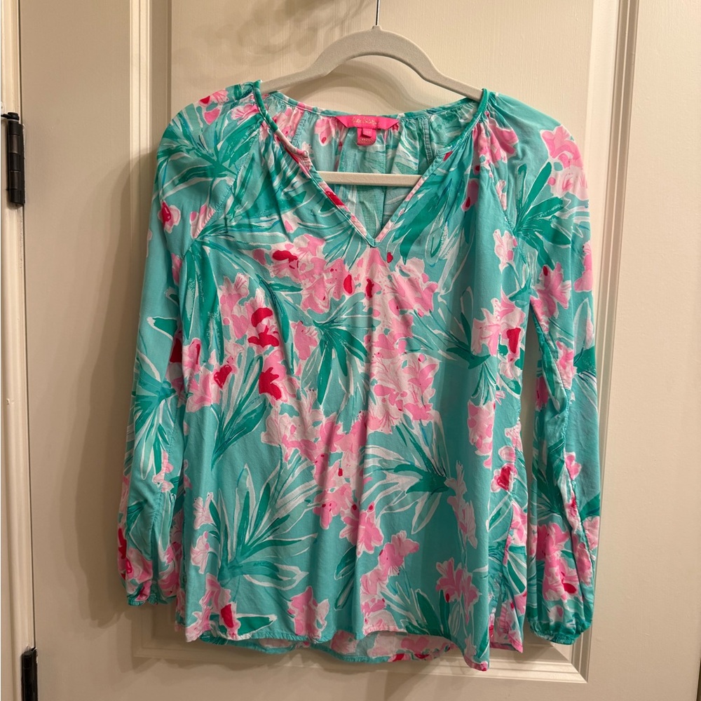 Women's Turquoise Floral V-Neck Blouse - Brand: